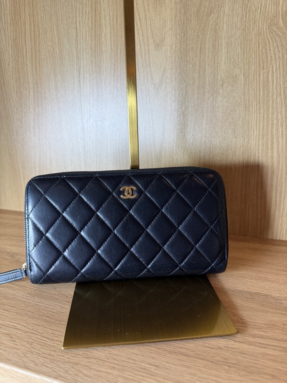CHANEL Black Quilted Zip Wallet with Gold CC